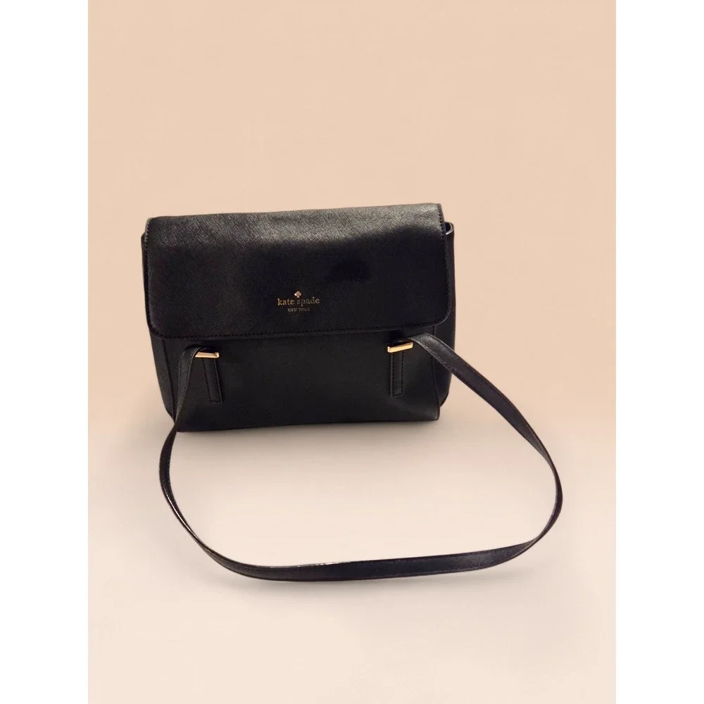 Kate‎ Spade New York Black Saffiano Leather Shoulder Bag Flap Satchel Handbag